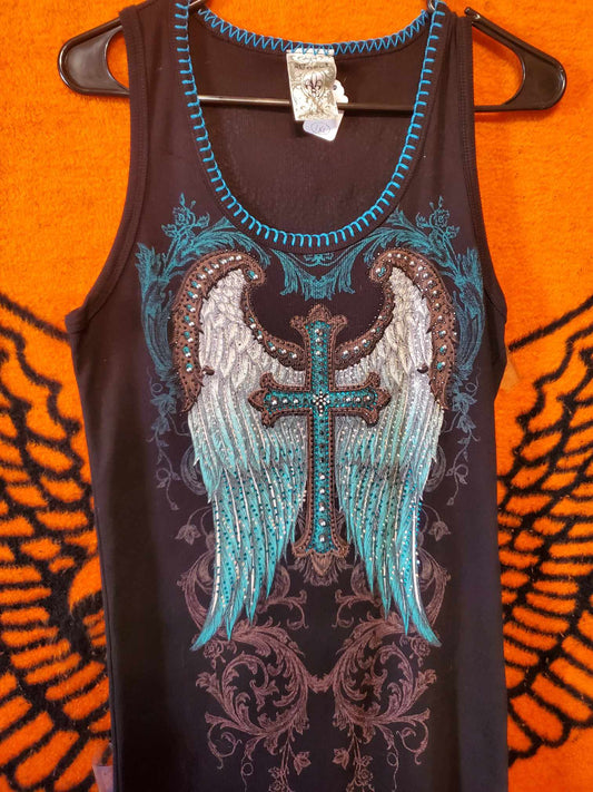 Vocal tank bling cross and wings size 1X