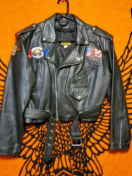 Ladies "old school" leather jacket, size medium with patches