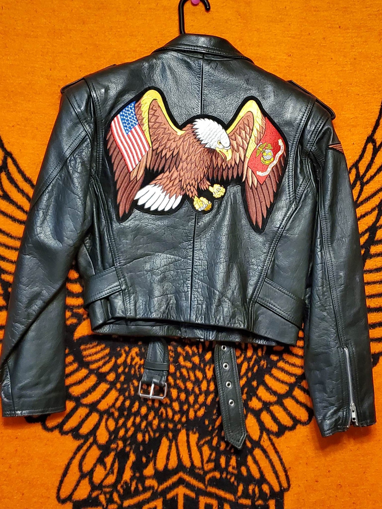 Ladies "old school" leather jacket, size medium with patches